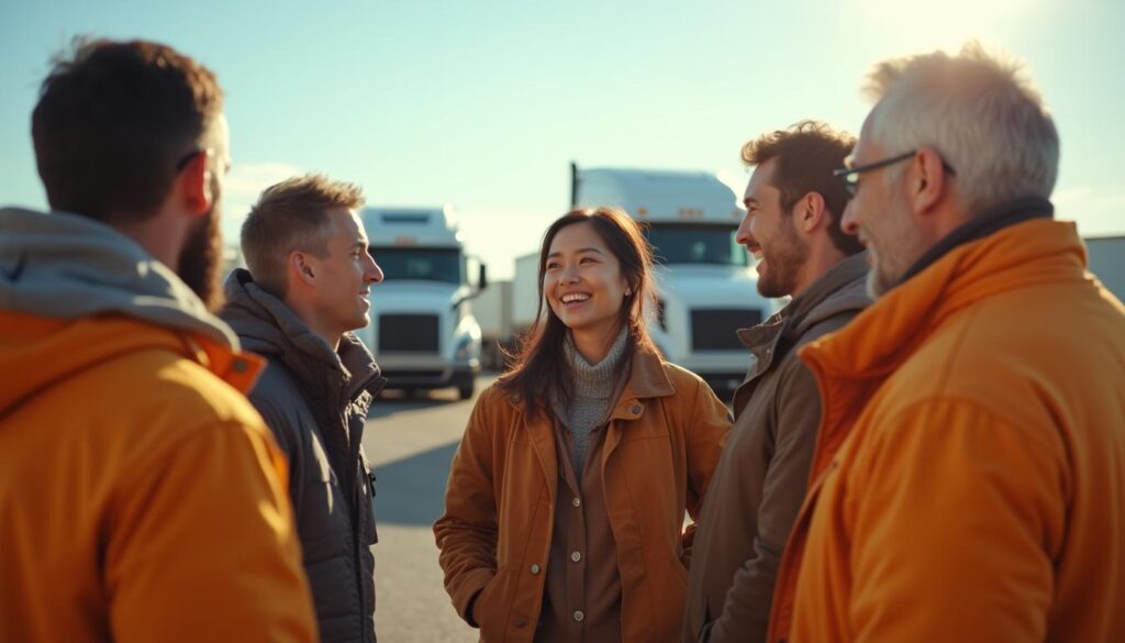 A collective of people standing together in front of a truck, symbolizing unity and collaboration in a shared endeavor